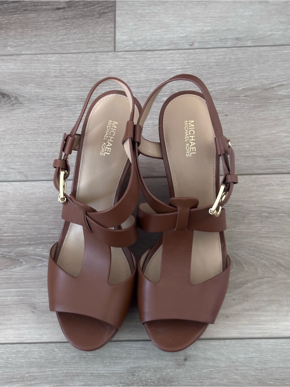 MICHAEL Michael Kors Brown Leather T-Strap Slingback Heels